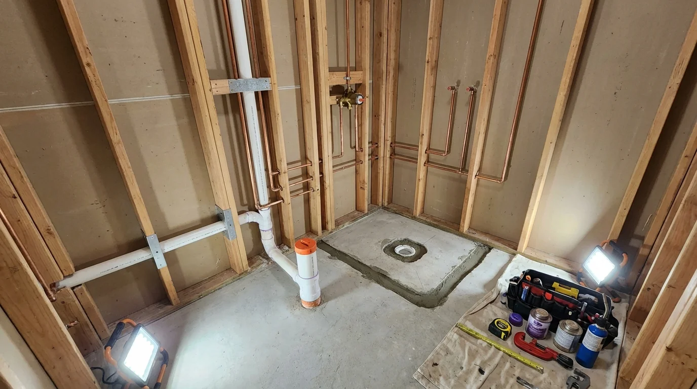 Bathroom rough-in plumbing during remodel by Johns Plumbing LLC in Lowell
