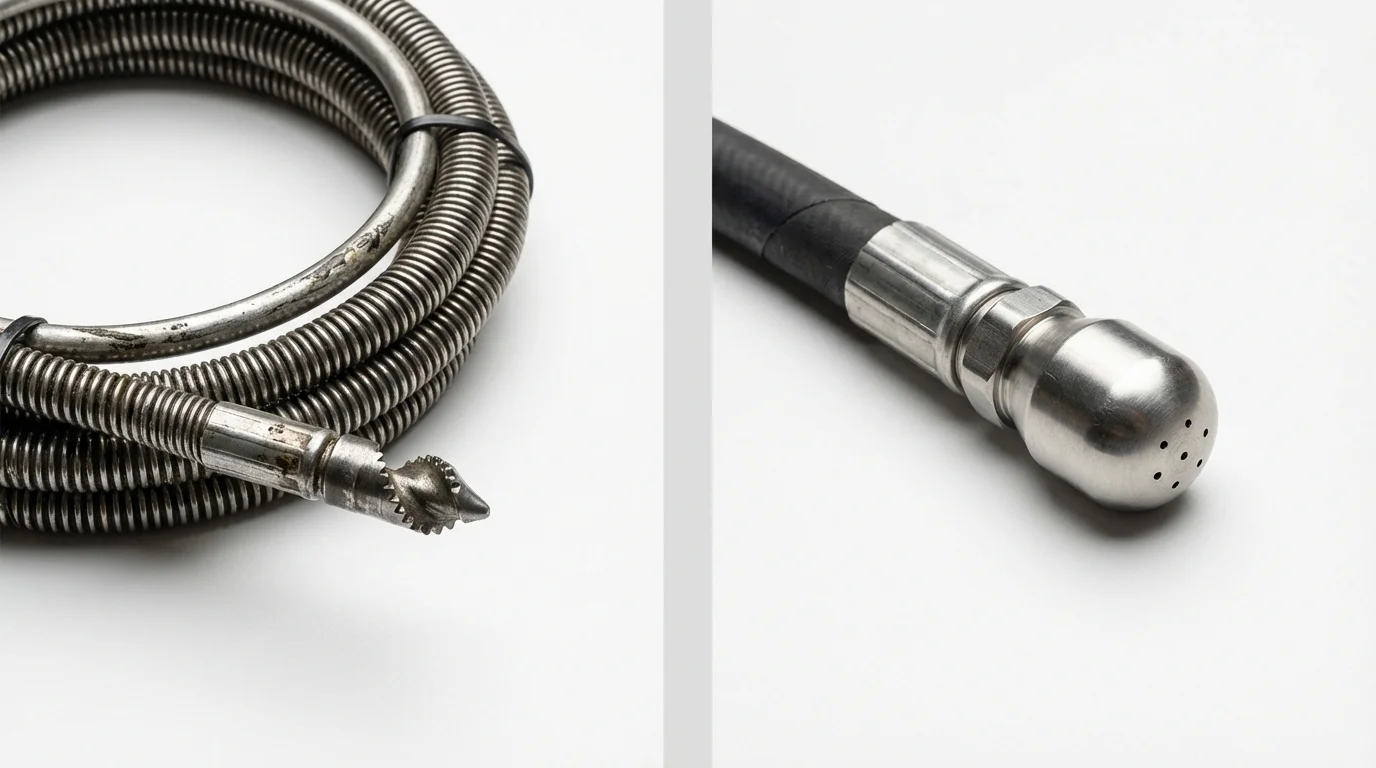 Drain snake cable and hydro jetting nozzle used for drain cleaning in Lowell, OR