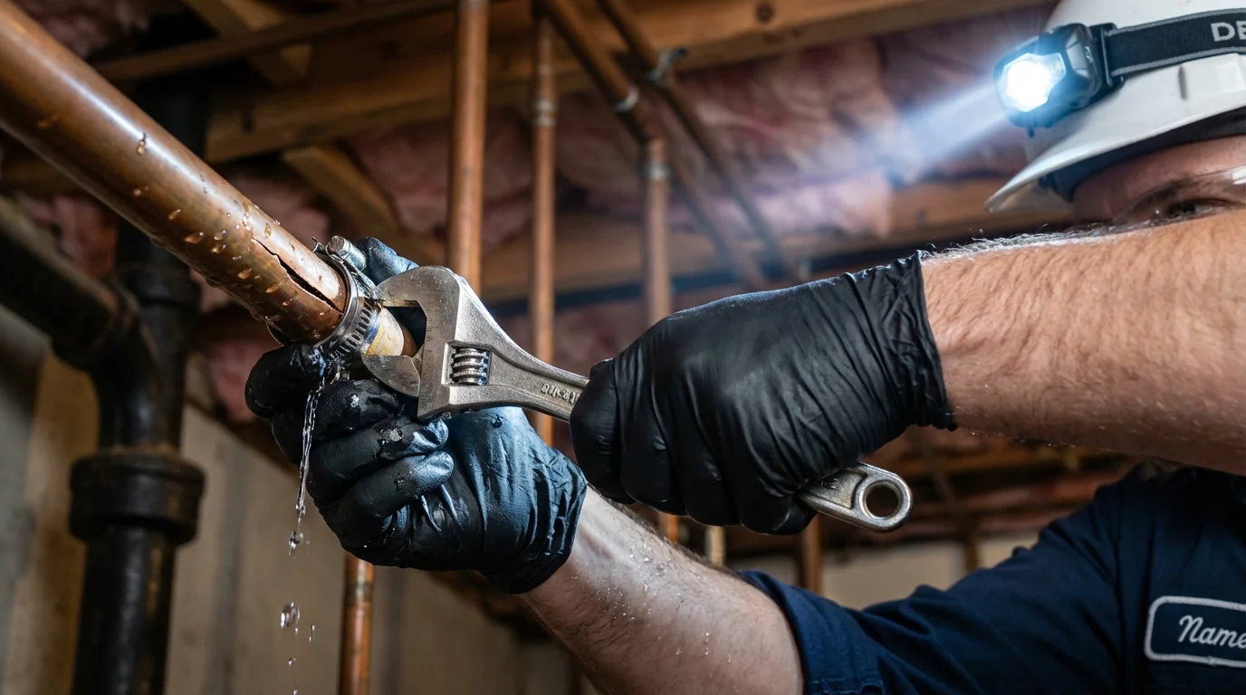 Emergency pipe clamp repair being performed by a Johns Plumbing LLC plumber in Lowell