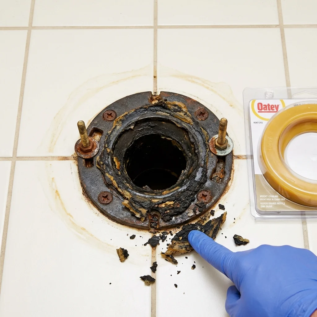 Failed wax ring showing water seepage at the base of a toilet in a Lowell, OR home