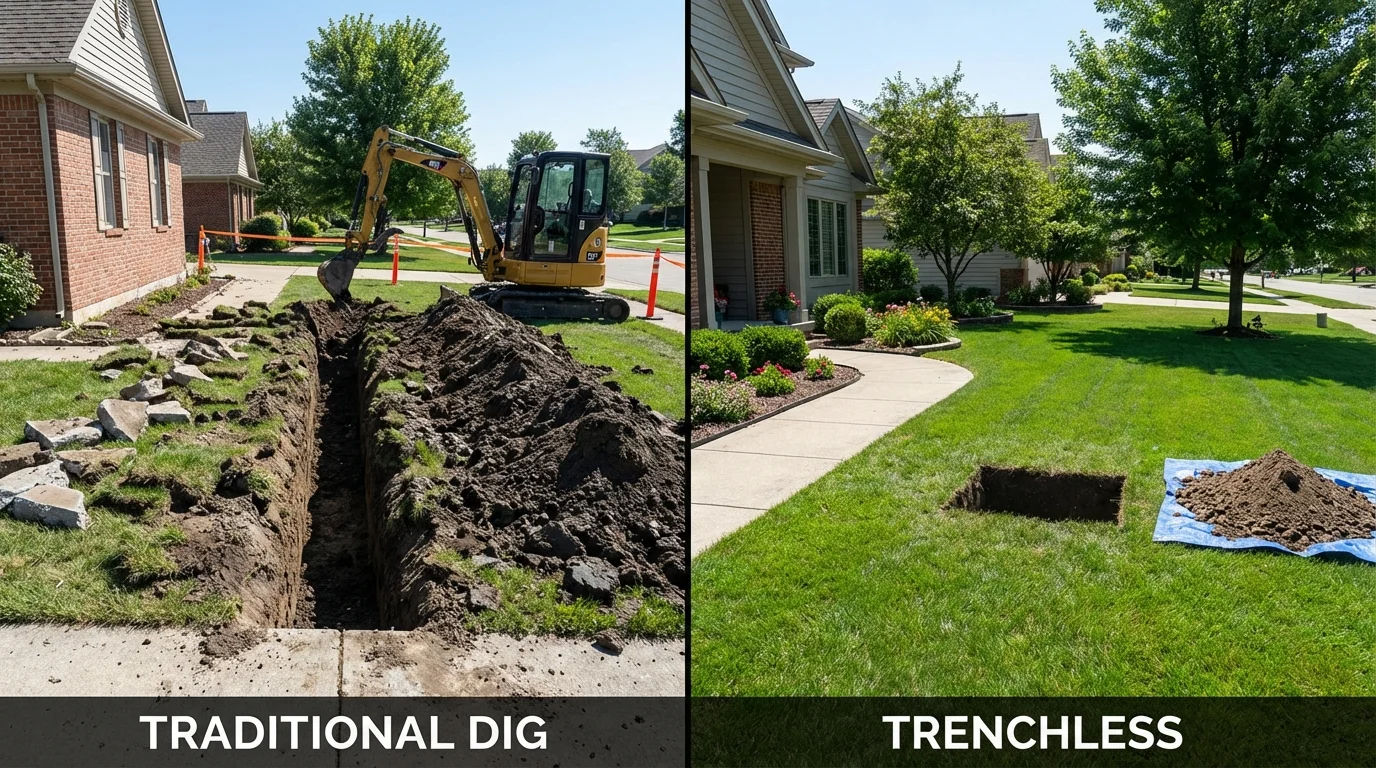 Trenchless sewer repair with minimal yard damage versus traditional excavation in Lowell, OR